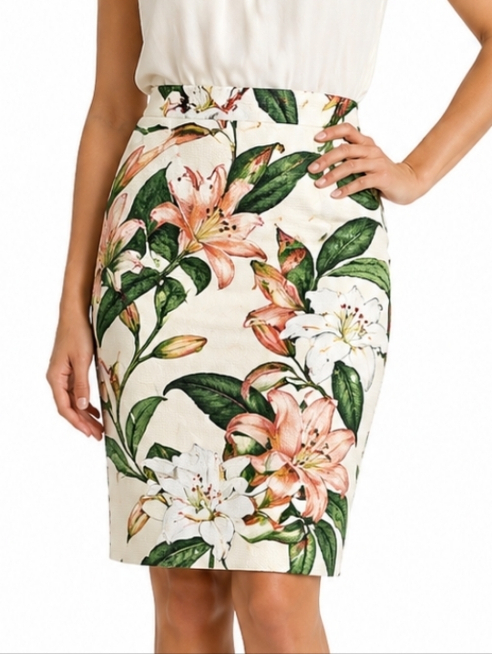 Ann Taylor Textured Cotton Stretch Cream Green Blush Floral Pencil Skirt